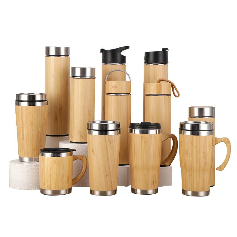 Gourde Isotherme Effet Bambou Inox avec Couvercle Rabattable
