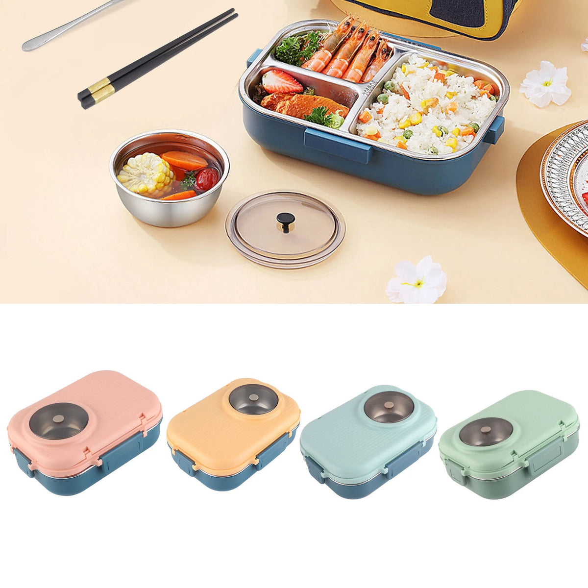 Lunch Box Isotherme 1100ml 3 Compartiments Inox avec Couverts