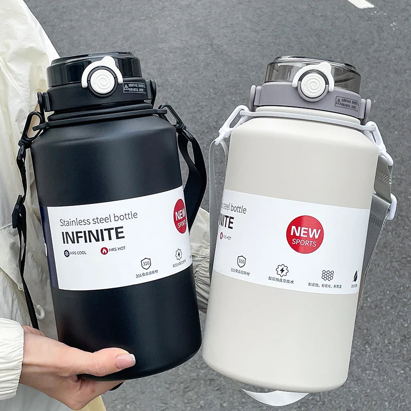 Gourde Isotherme Grande Capacité 800-2000ml avec Poignée et Paille